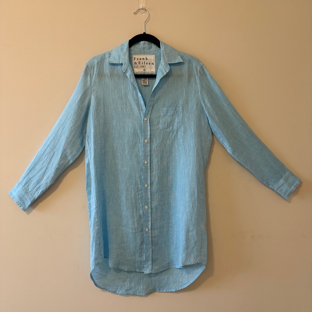 Frank & Eileen Mary Shirt Dress Coastal Blue XS 100% Linen Made in USA
